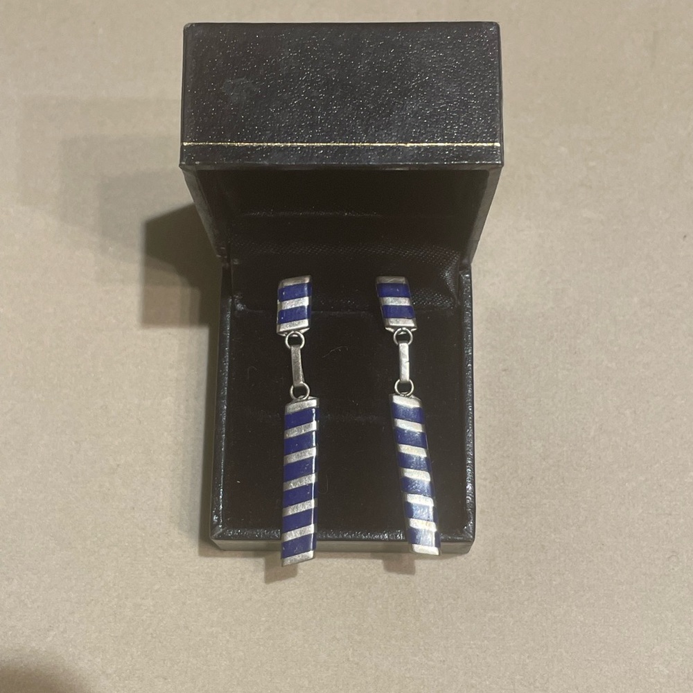 Sheyka Signed Vintage Native Zuni Lapis & Sterling Inlay Stone Earrings